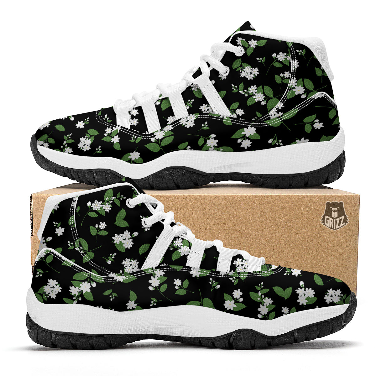 Jasmine And Leaf Green Black Print Pattern White Bball Shoes-grizzshop