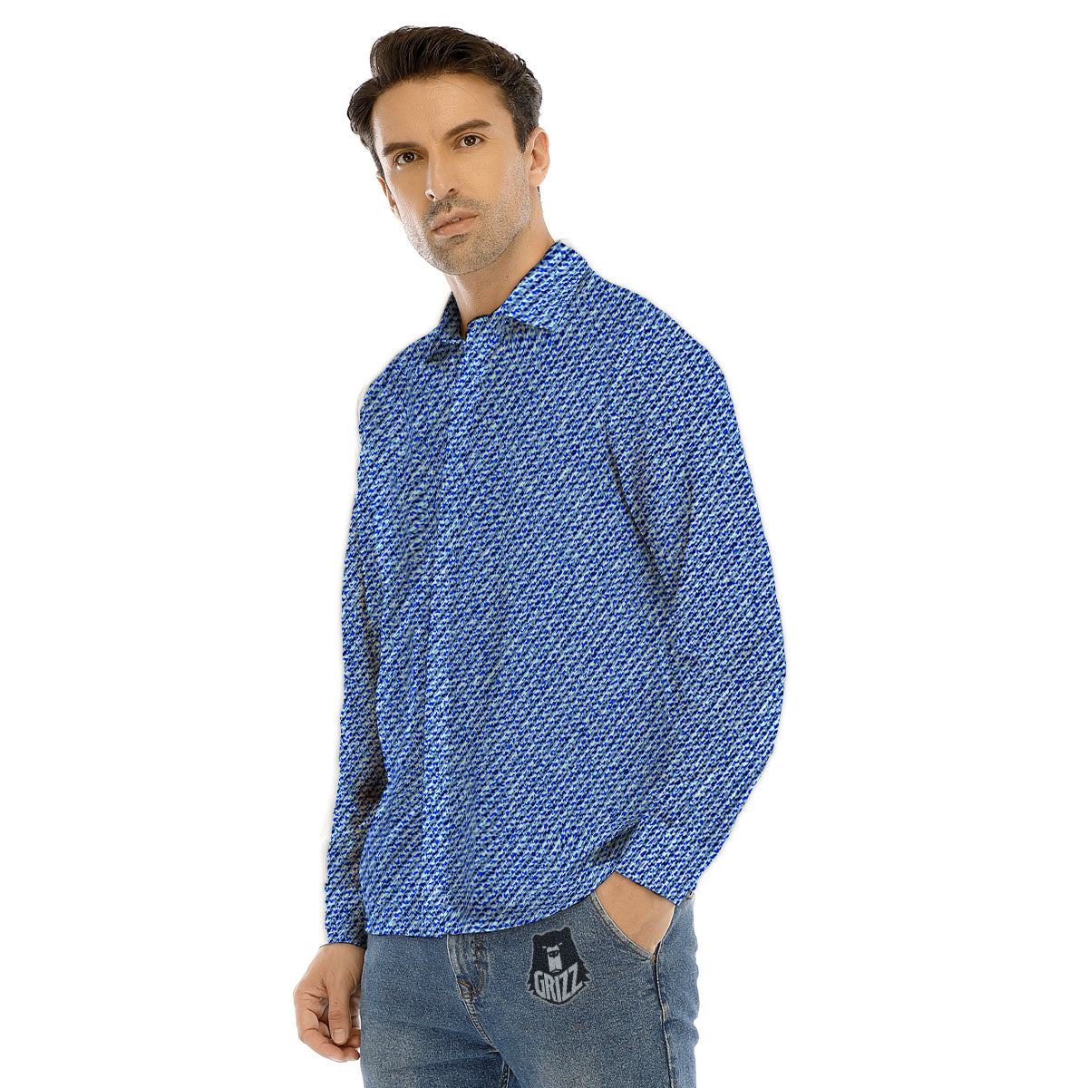 Jeans Blue Denim Print Pattern Men's Dress Shirts-grizzshop