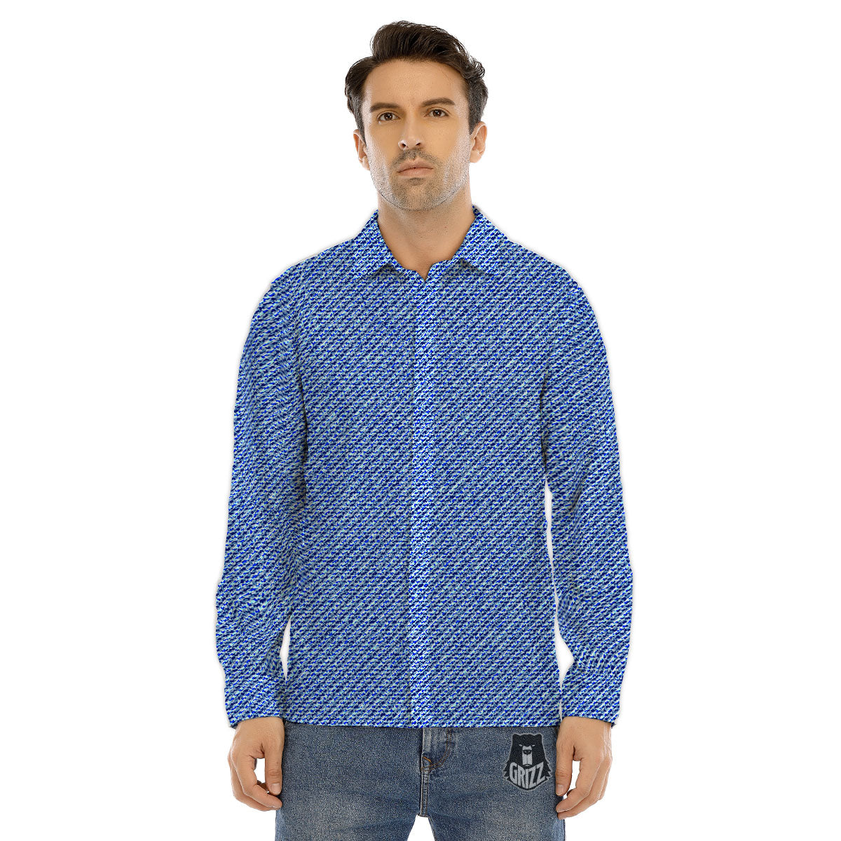 Jeans Blue Denim Print Pattern Men's Dress Shirts-grizzshop