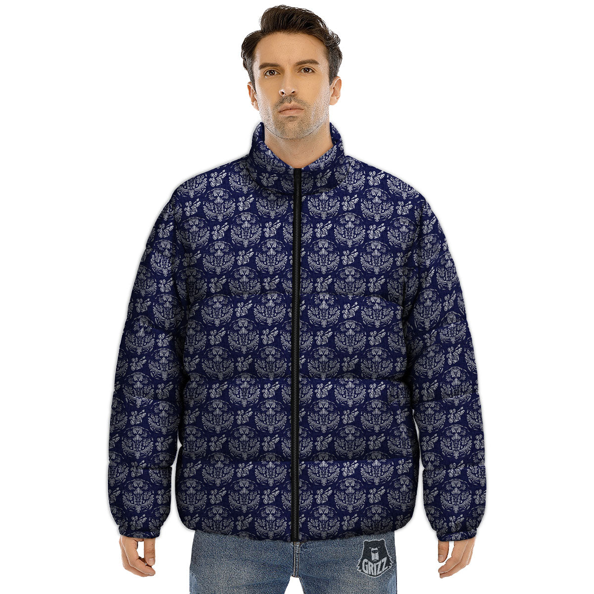 Jeans Bohemian Denim Print Pattern Puffer Jacket-grizzshop