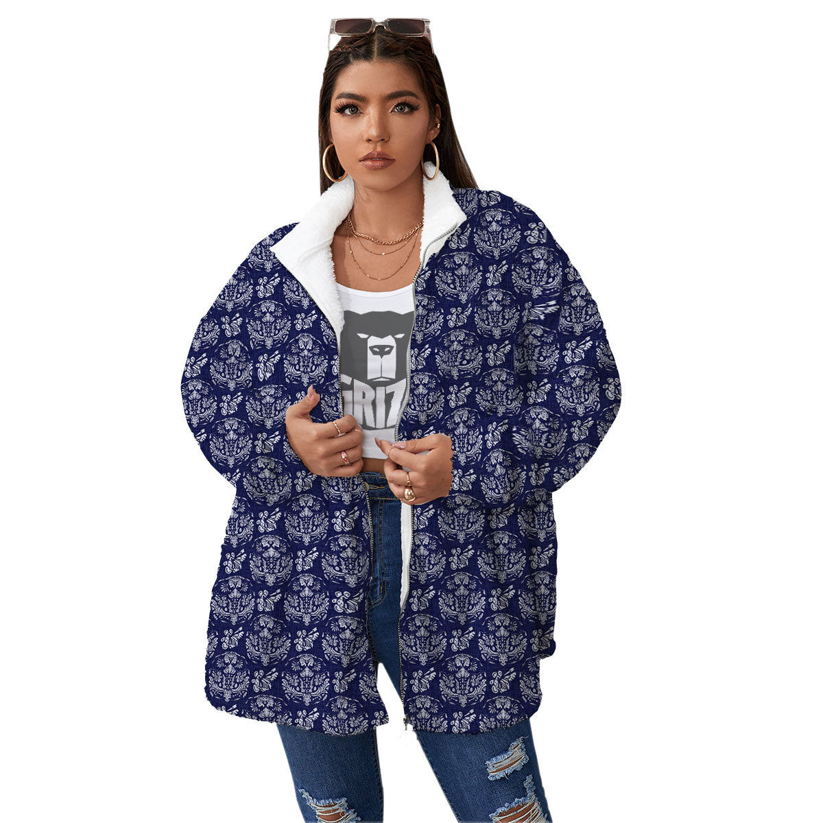 Jeans Bohemian Denim Print Pattern Women's Sherpa Jacket-grizzshop