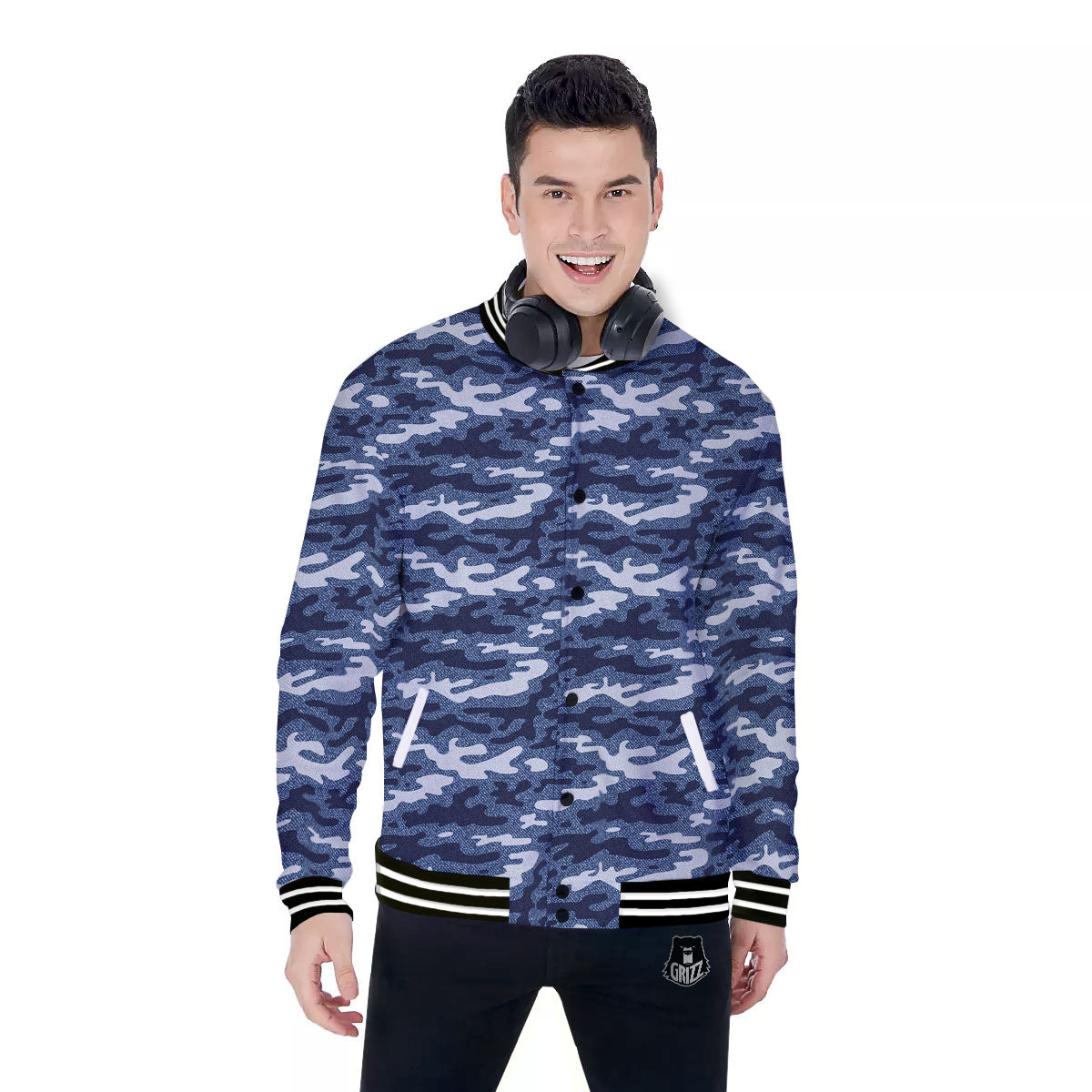 Jeans Camouflage Denim Print Pattern Baseball Jacket-grizzshop
