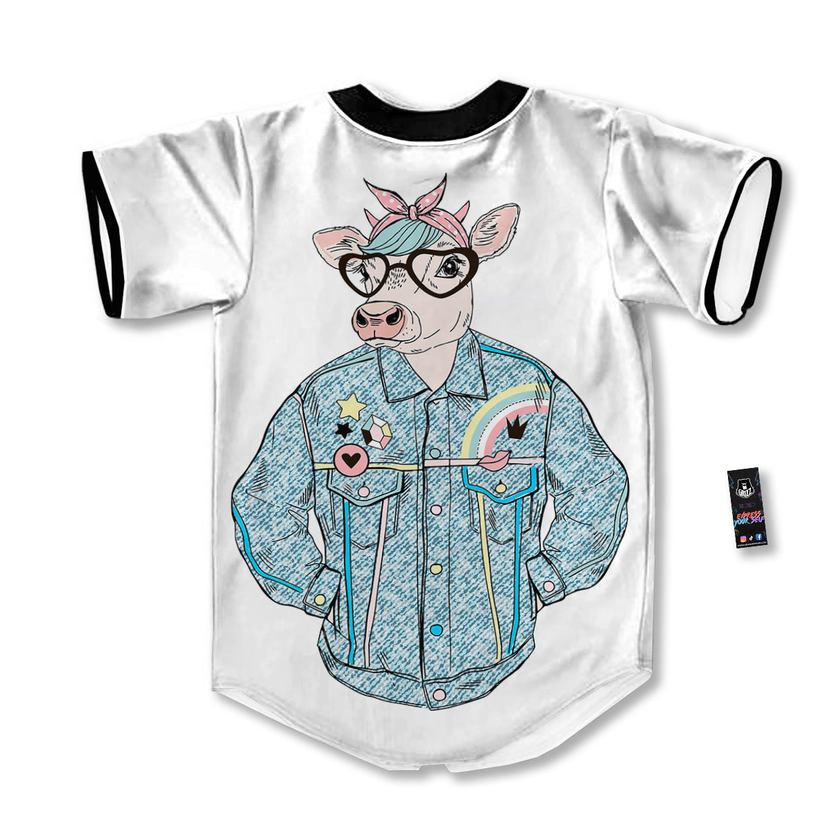 Jeans Cow Denim Print Baseball Jersey-grizzshop