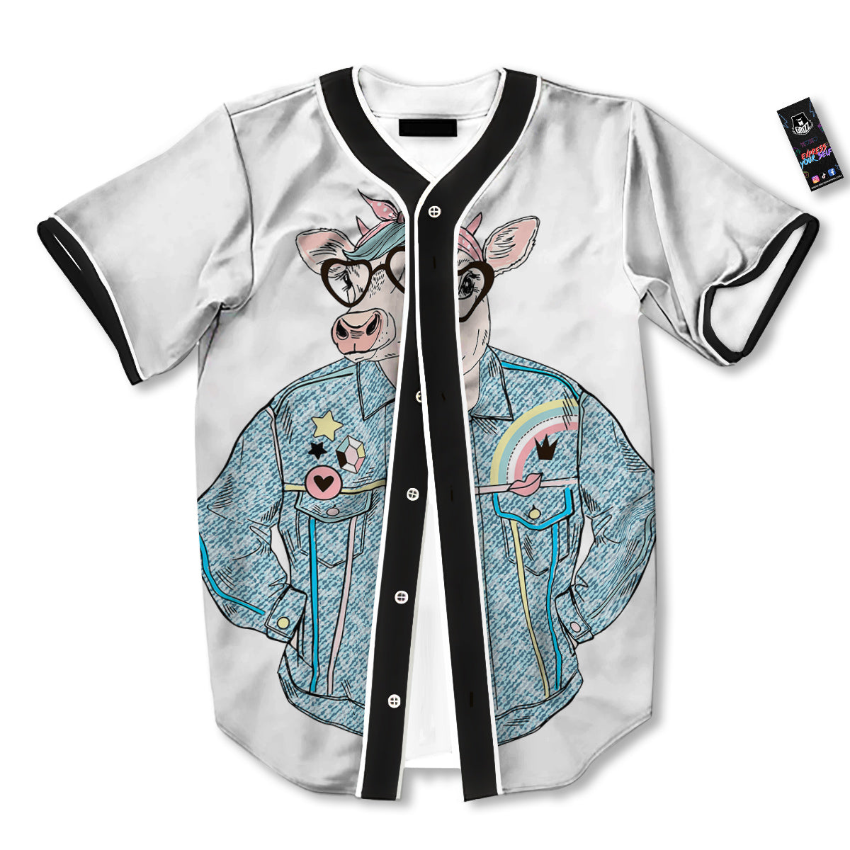 Jeans Cow Denim Print Baseball Jersey-grizzshop