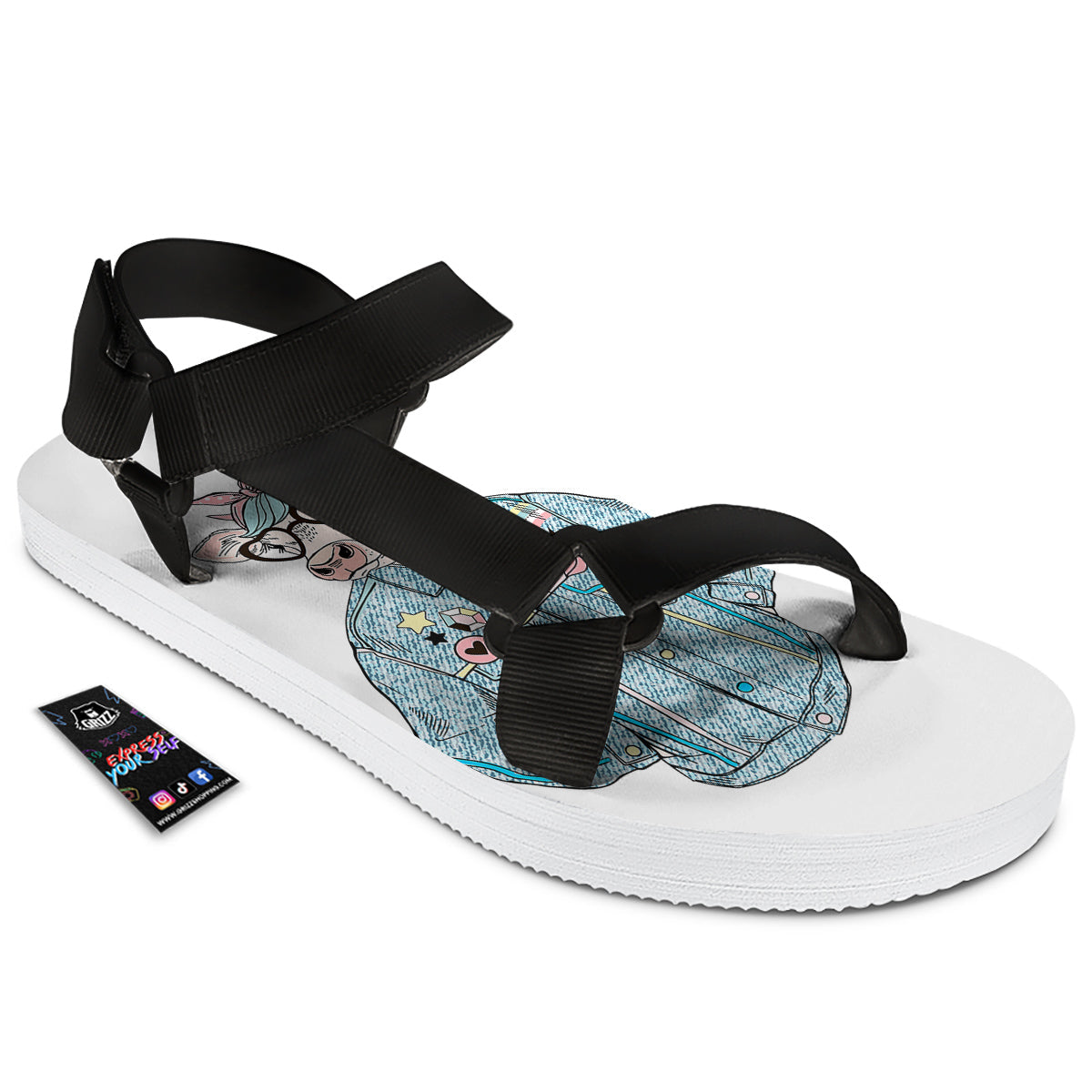 Jeans Cow Denim Print Black Open Toe Sandals-grizzshop
