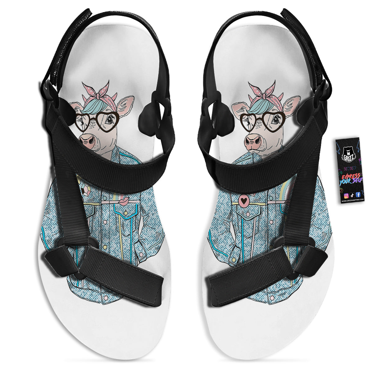 Jeans Cow Denim Print Black Open Toe Sandals-grizzshop