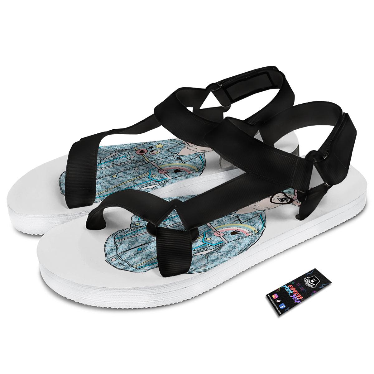 Jeans Cow Denim Print Black Open Toe Sandals-grizzshop