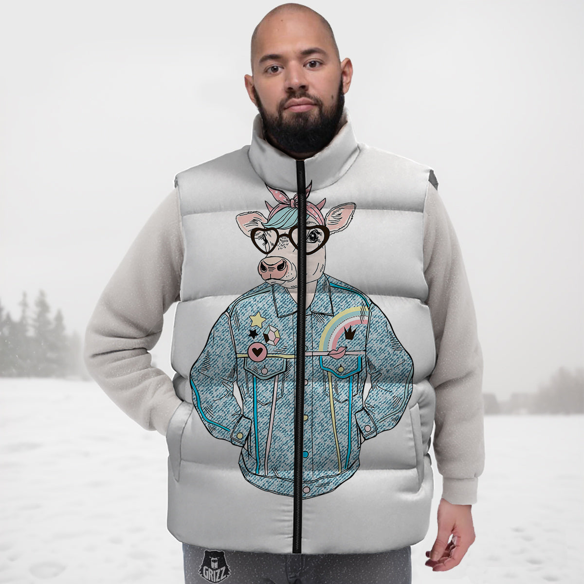 Jeans Cow Denim Print Down Vest