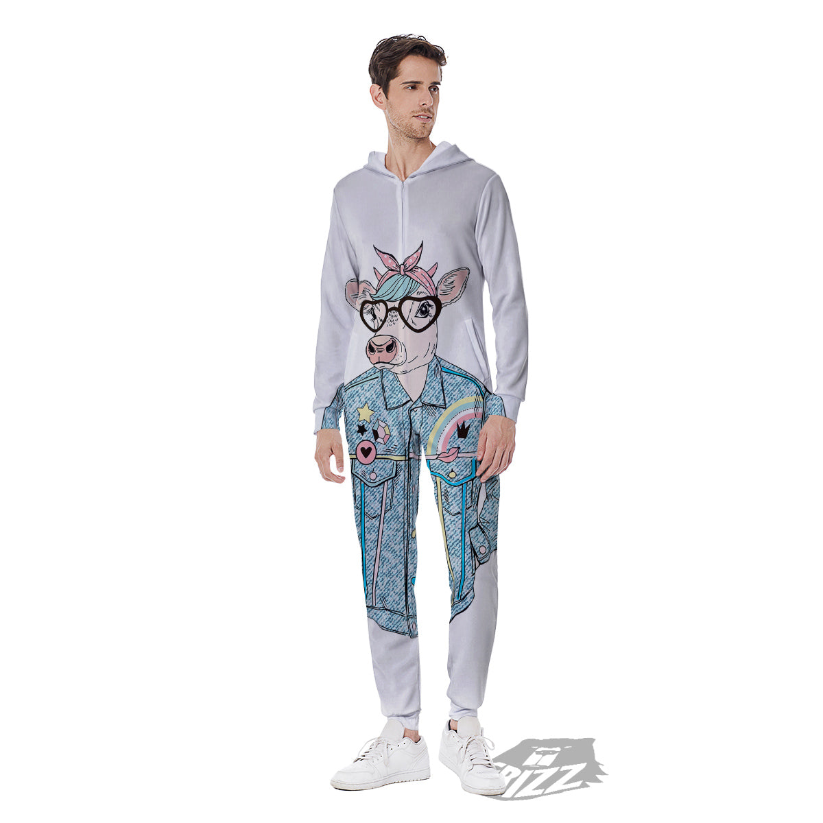 Jeans Cow Denim Print Men's Jumpsuit-grizzshop