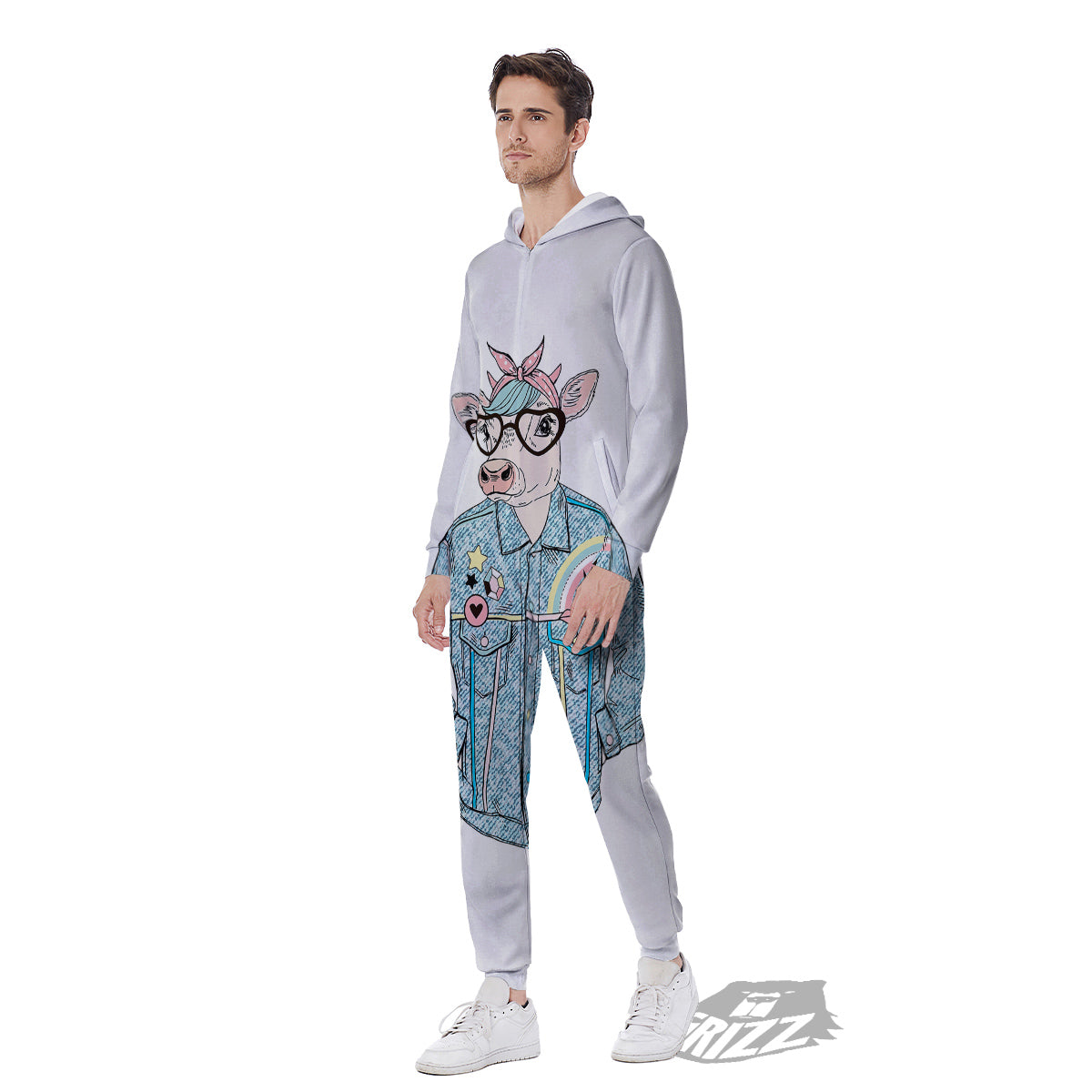 Jeans Cow Denim Print Men's Jumpsuit-grizzshop