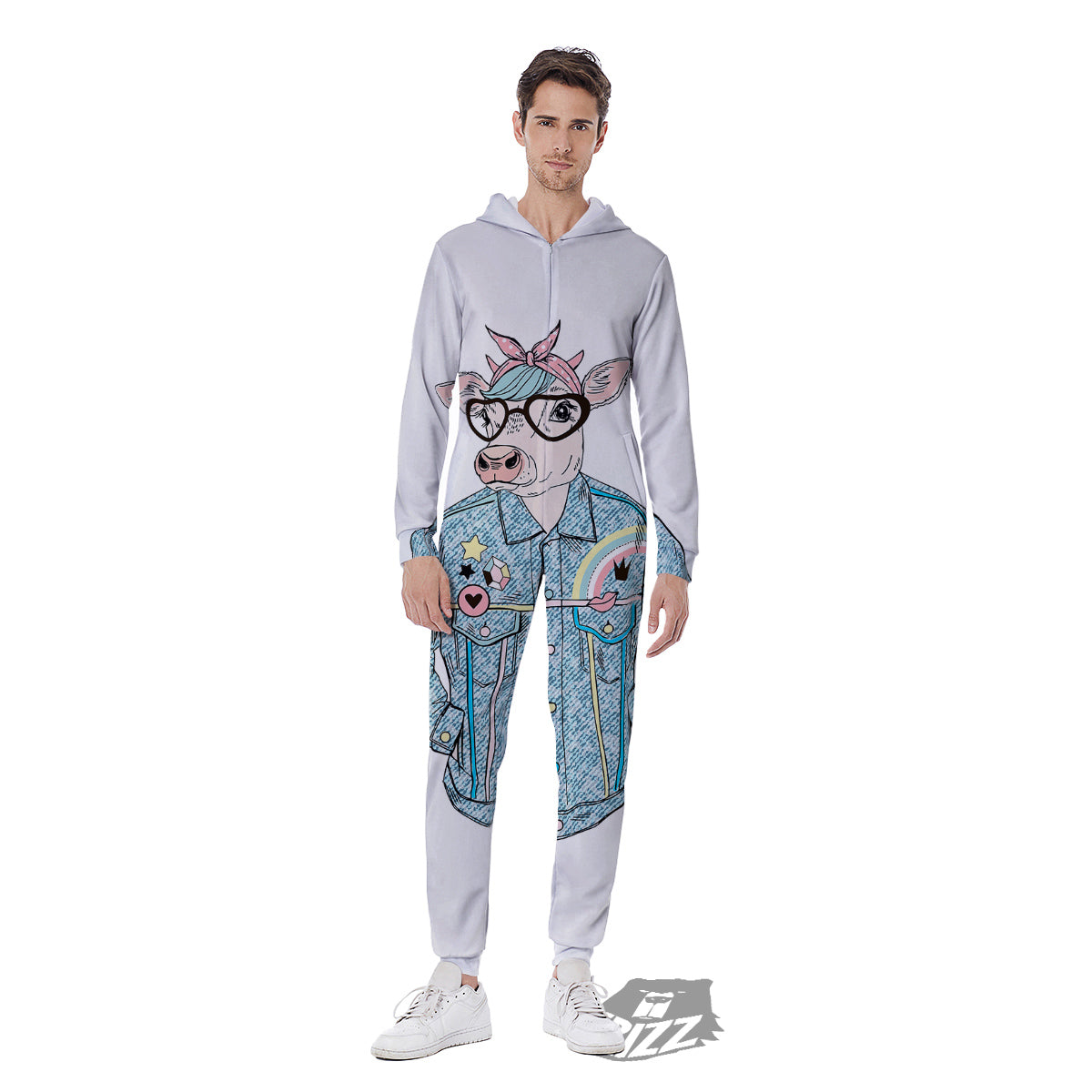 Jeans Cow Denim Print Men's Jumpsuit-grizzshop