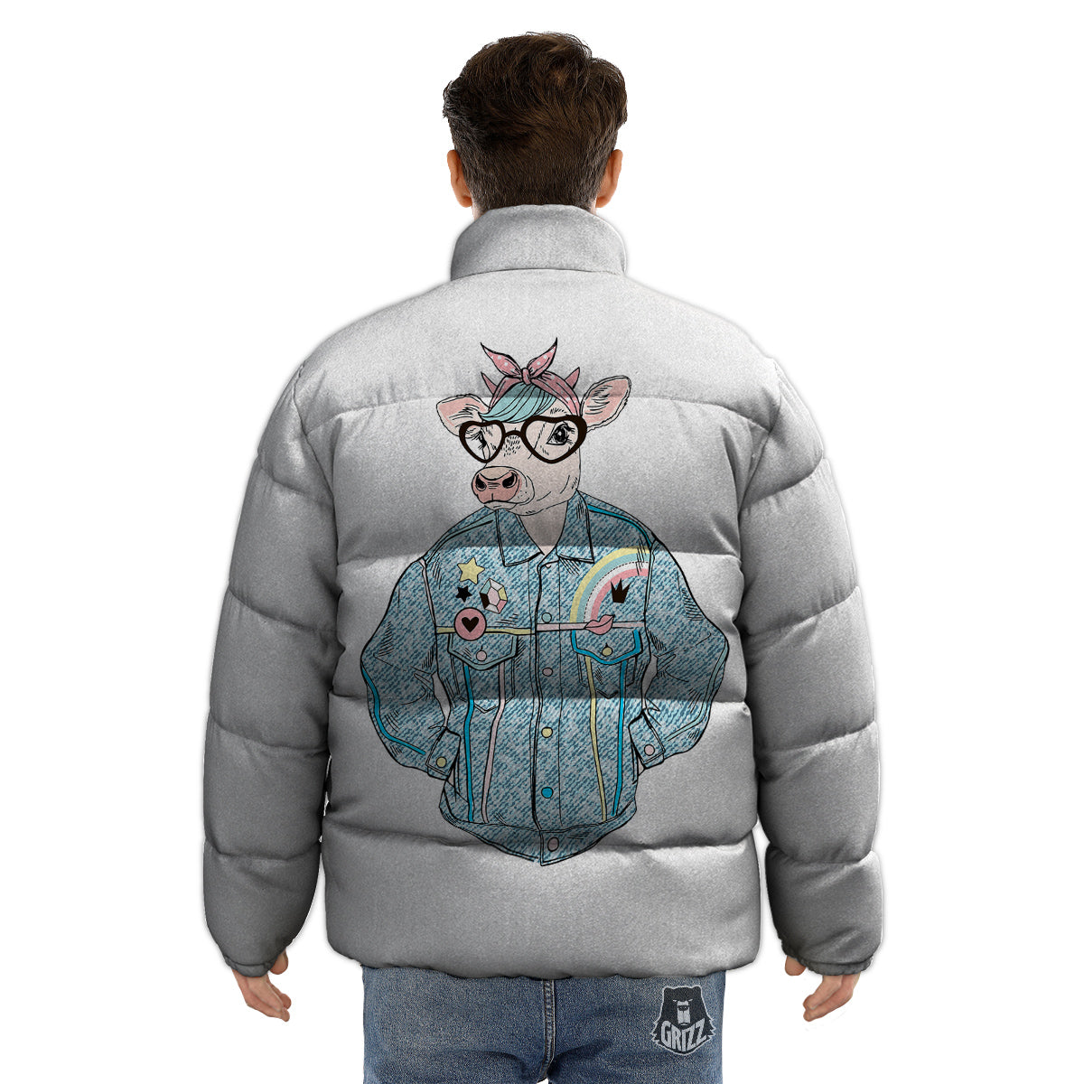 Jeans Cow Denim Print Puffer Jacket-grizzshop