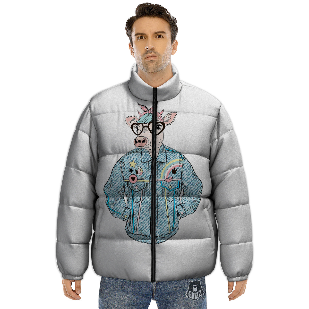 Jeans Cow Denim Print Puffer Jacket-grizzshop