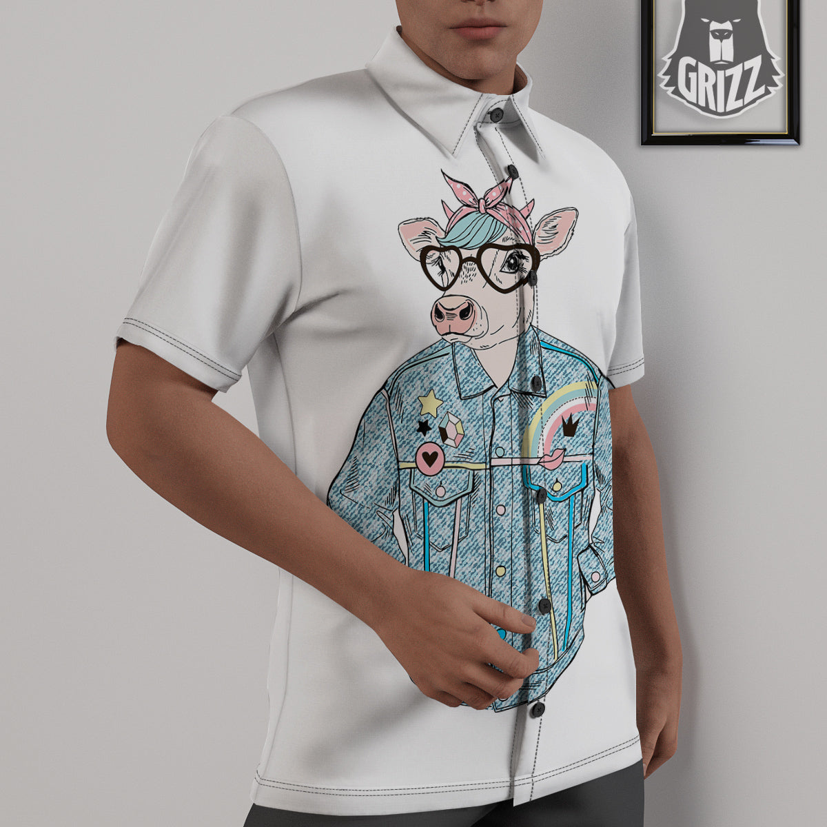 Jeans Cow Denim Print Untucked Shirts-grizzshop