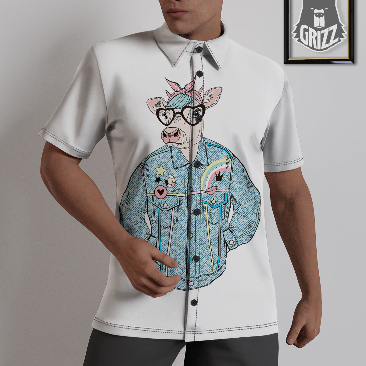 Jeans Cow Denim Print Untucked Shirts-grizzshop