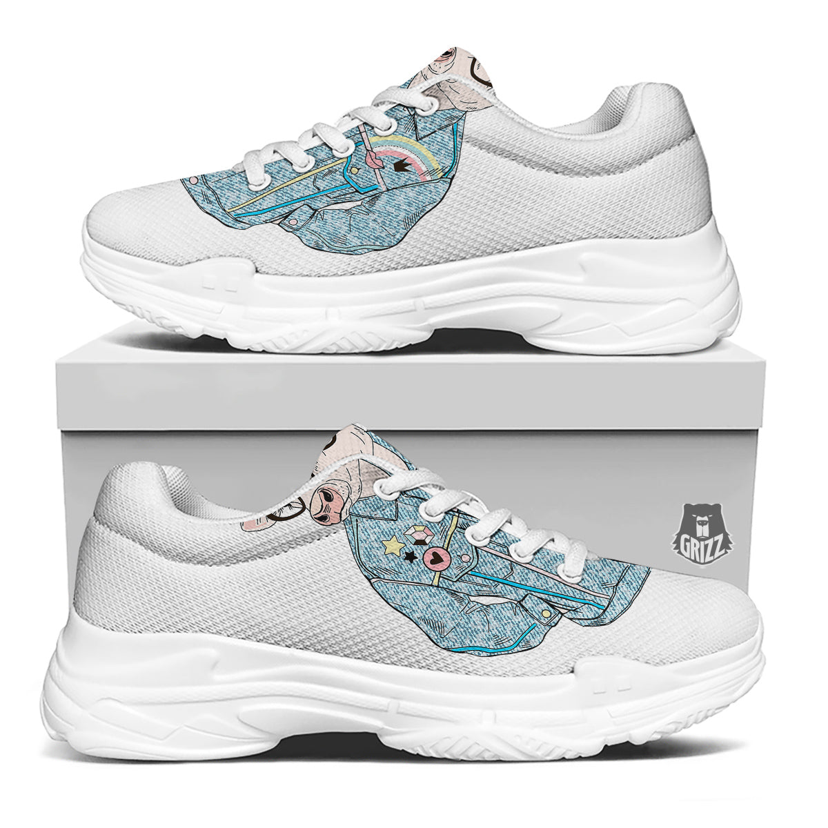 Jeans Cow Denim Print White Chunky Shoes-grizzshop