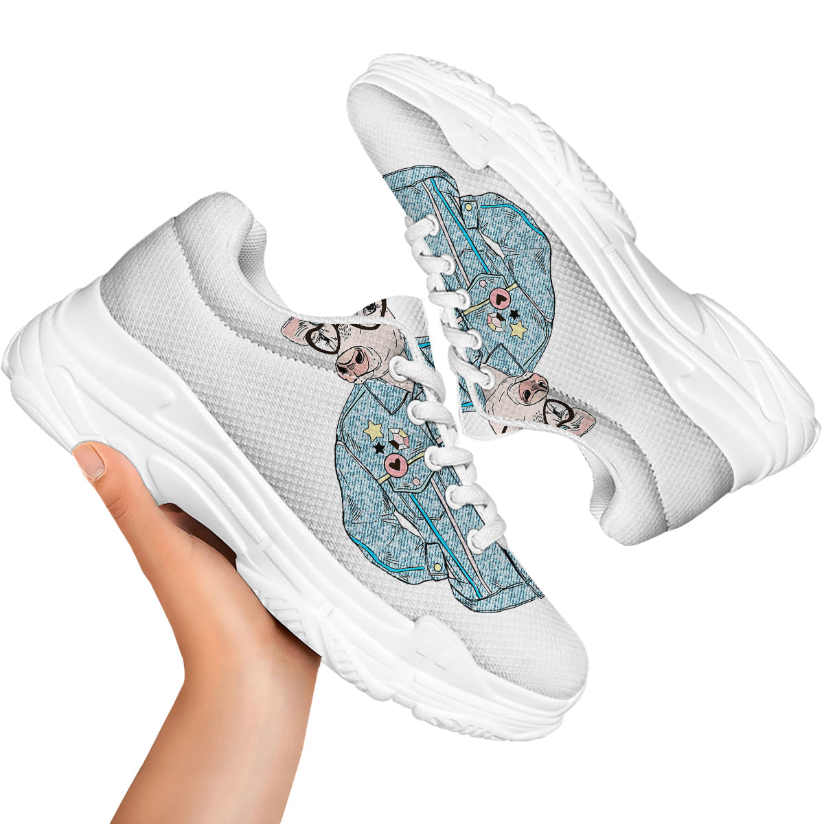 Jeans Cow Denim Print White Chunky Shoes-grizzshop