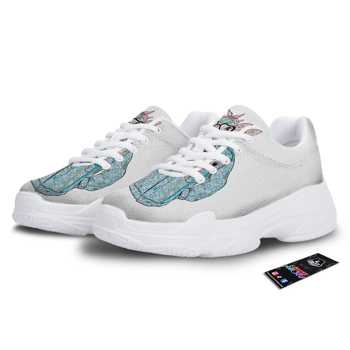 Jeans Cow Denim Print White Chunky Shoes-grizzshop