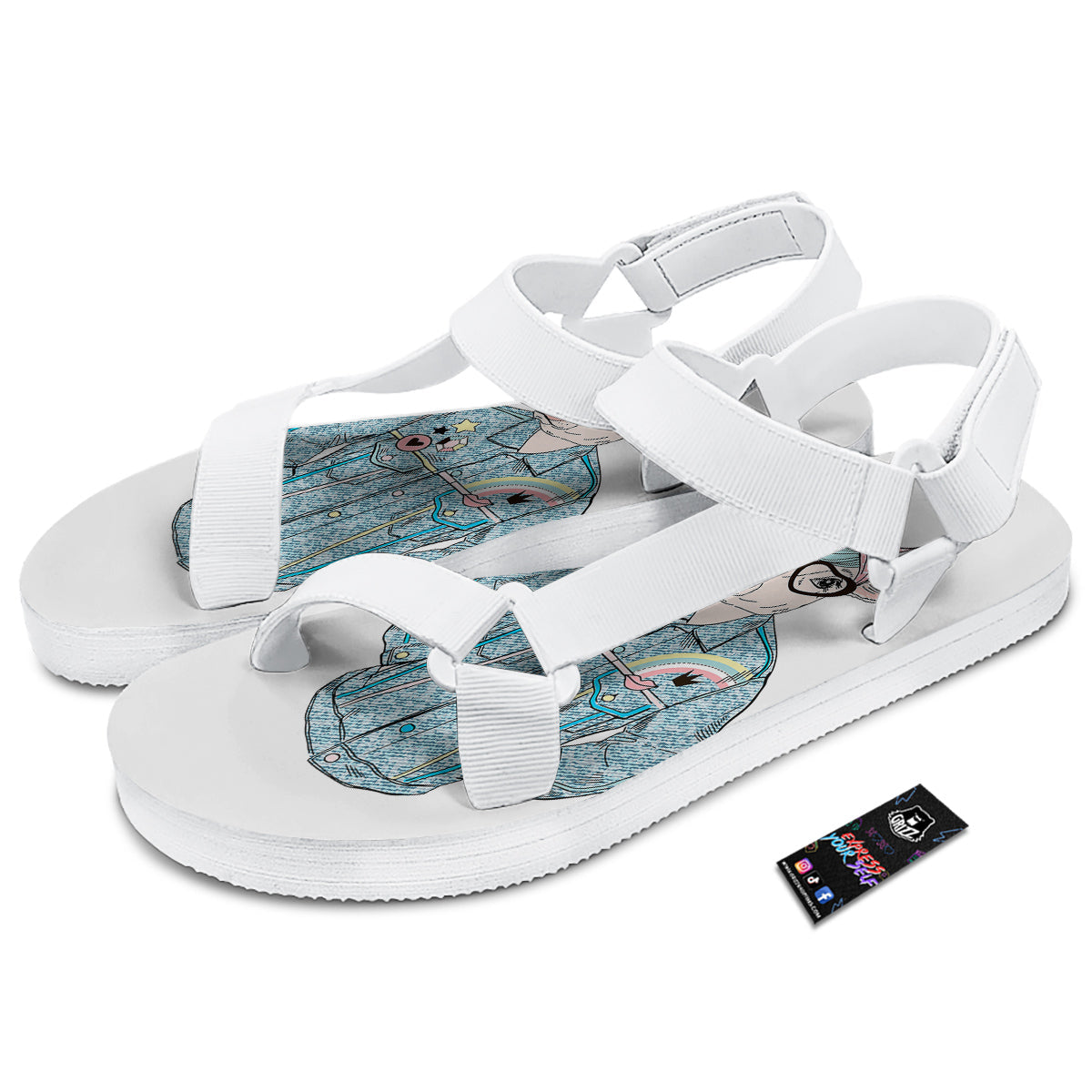 Jeans Cow Denim Print White Open Toe Sandals-grizzshop