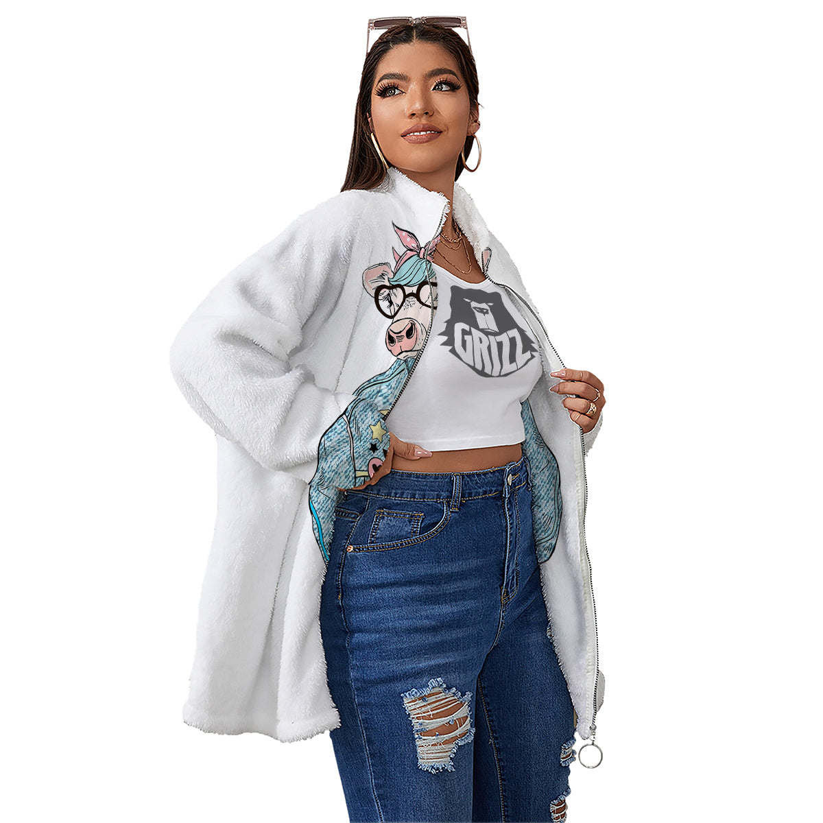 Jeans Cow Denim Print Women's Sherpa Jacket-grizzshop