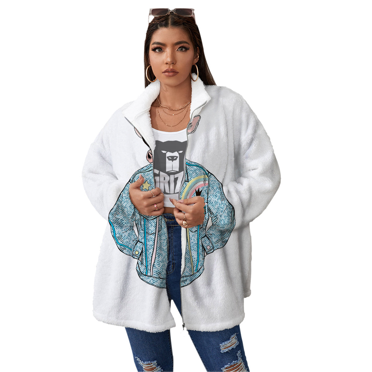Jeans Cow Denim Print Women's Sherpa Jacket-grizzshop