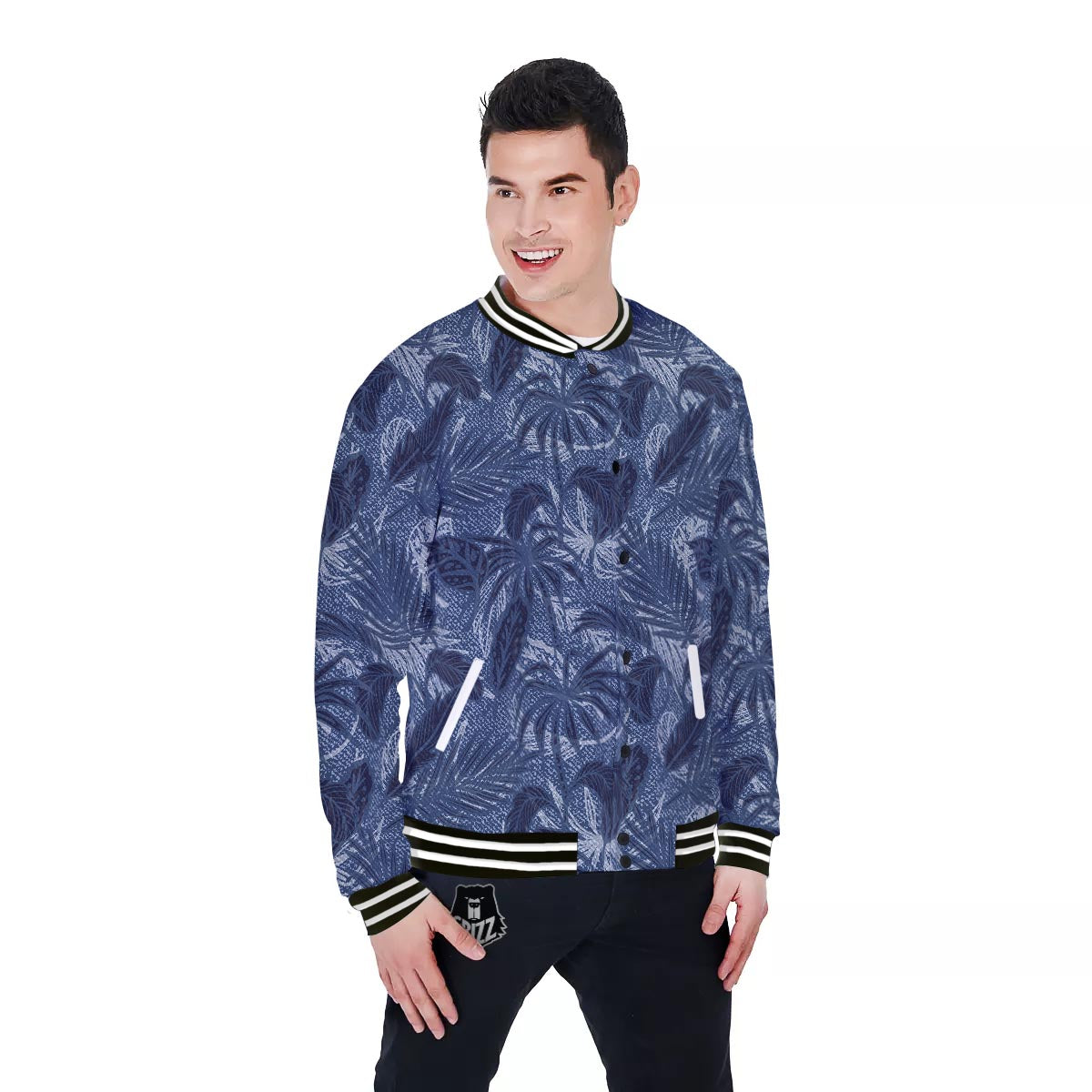 Jeans Denim Tropical Print Pattern Baseball Jacket-grizzshop