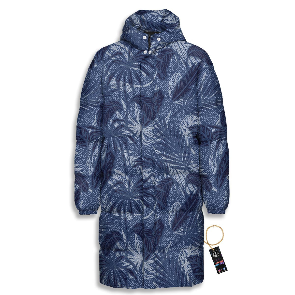 Jeans Denim Tropical Print Pattern Long Down Jacket-grizzshop