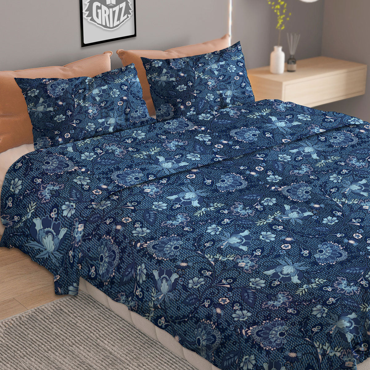 Jeans Floral Denim Print Pattern Duvet Cover Bedding Set