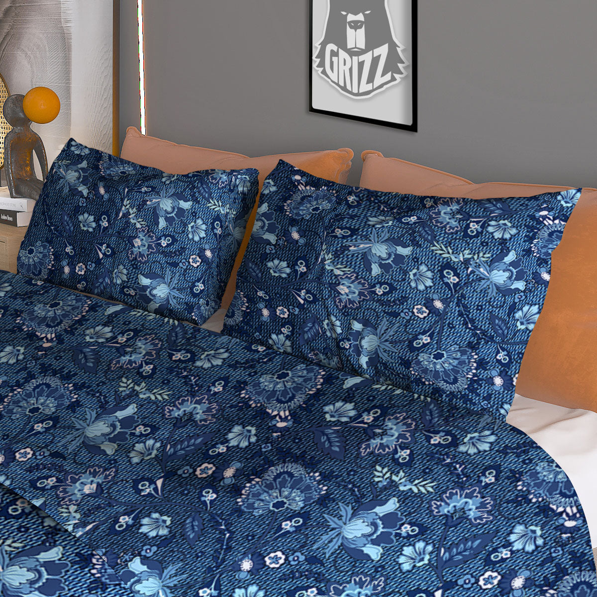 Jeans Floral Denim Print Pattern Duvet Cover Bedding Set