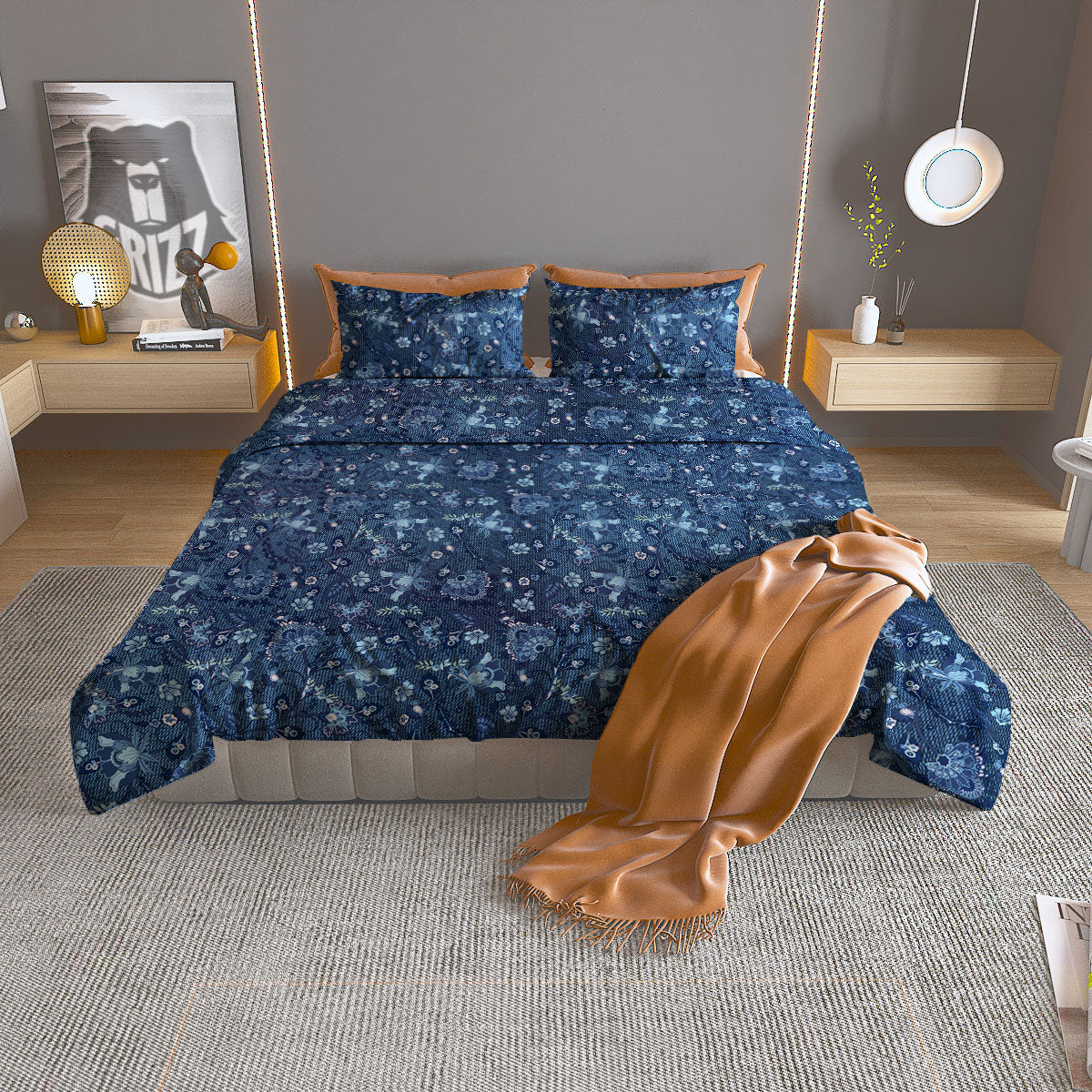Jeans Floral Denim Print Pattern Duvet Cover Bedding Set