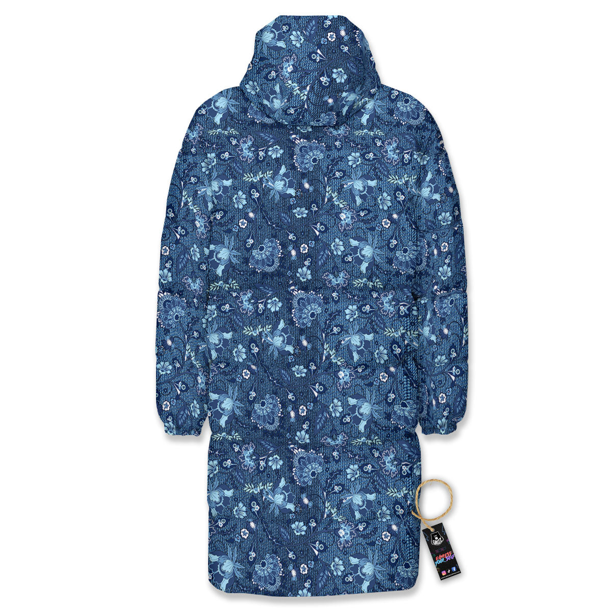 Jeans Floral Denim Print Pattern Long Down Jacket-grizzshop