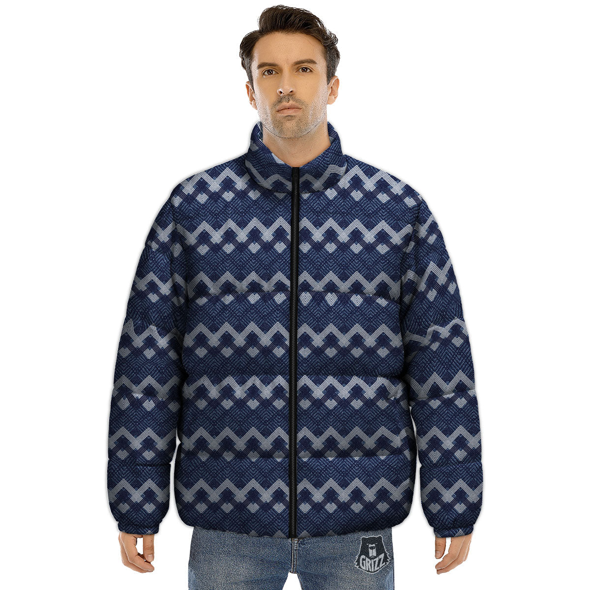 Jeans Geometric Denim Print Pattern Puffer Jacket-grizzshop