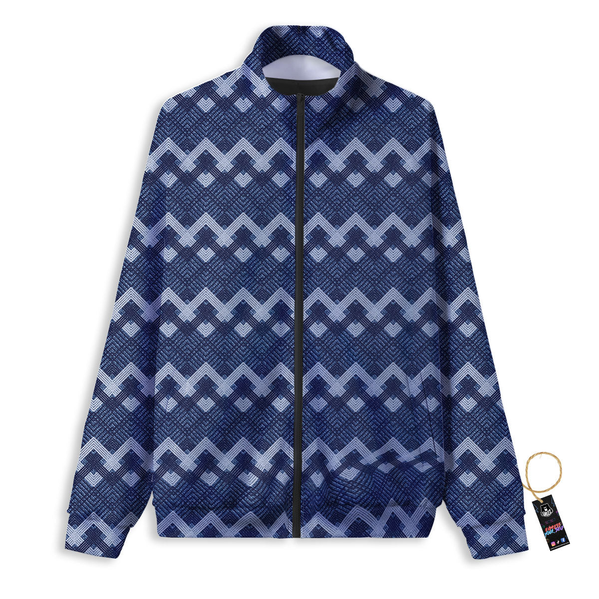 Jeans Geometric Denim Print Pattern Track Jacket-grizzshop