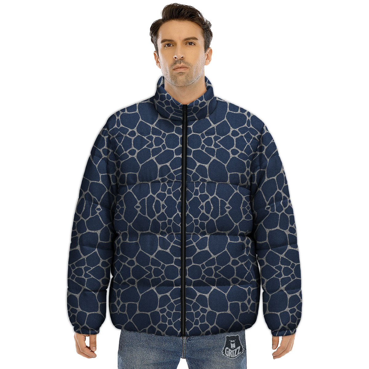Jeans Giraffe Denim Print Pattern Puffer Jacket-grizzshop