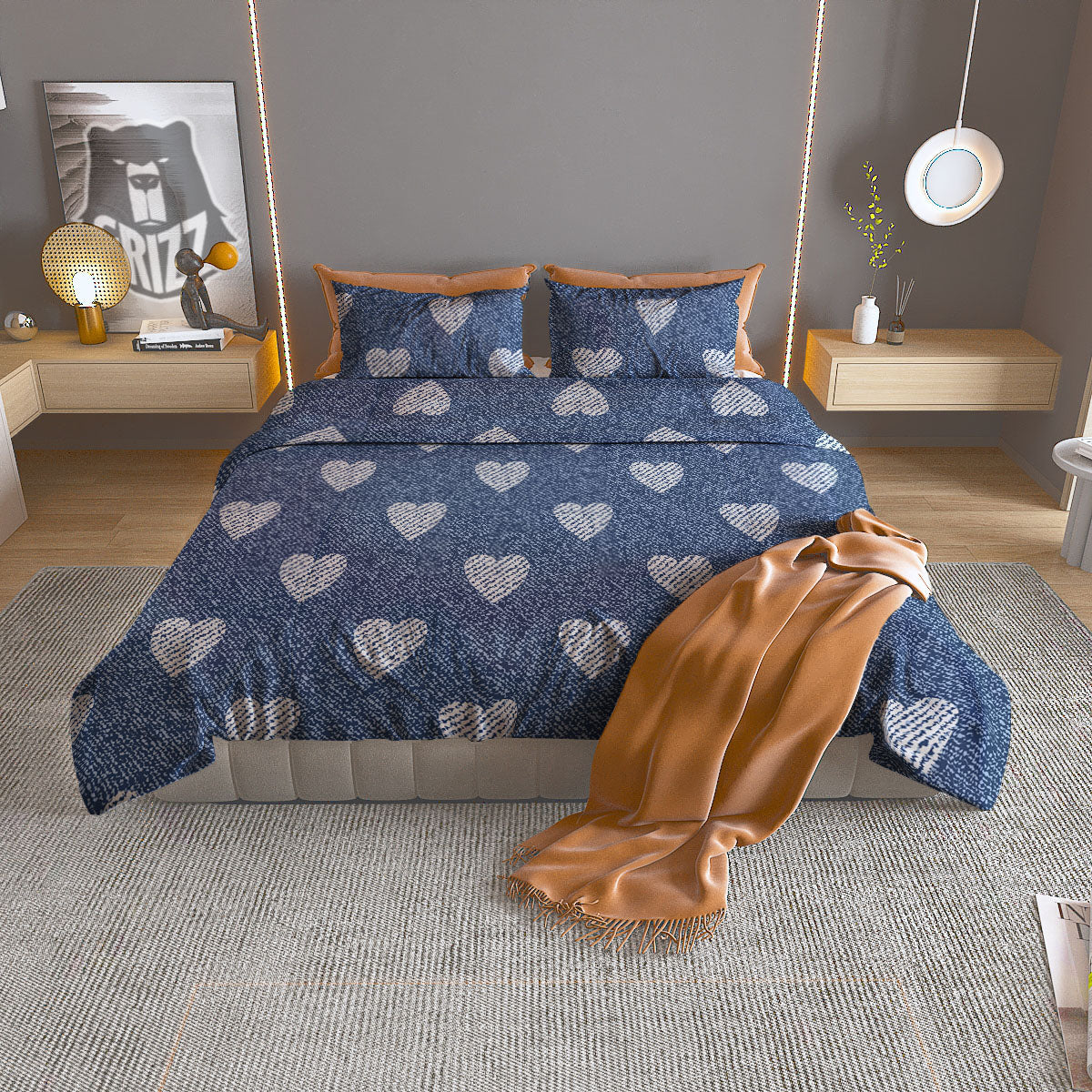 Jeans Heart Denim Print Pattern Duvet Cover Bedding Set