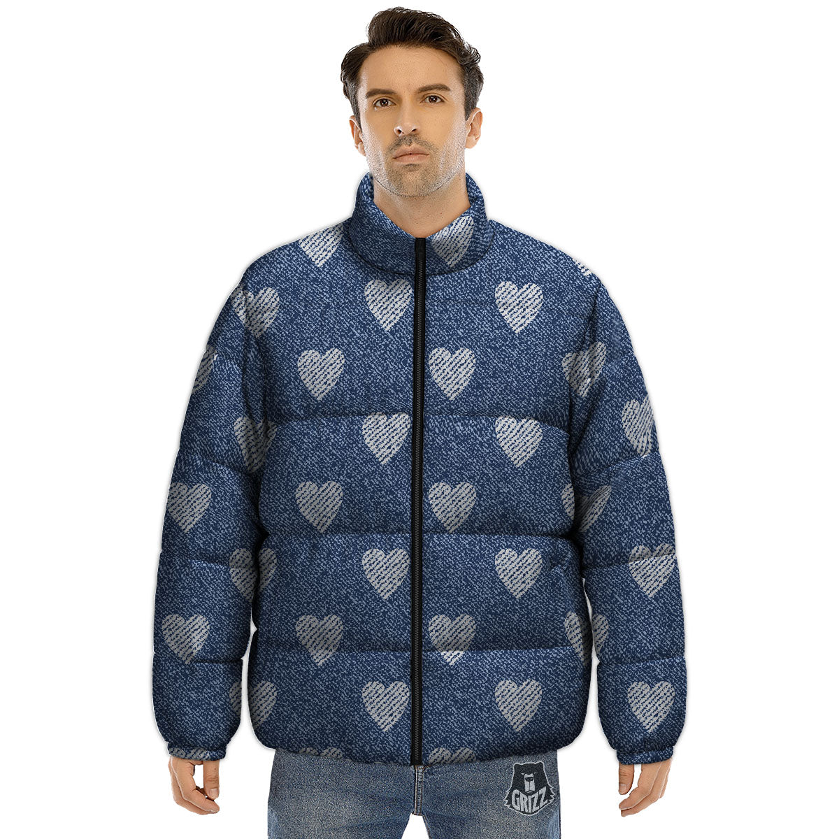 Jeans Heart Denim Print Pattern Puffer Jacket-grizzshop