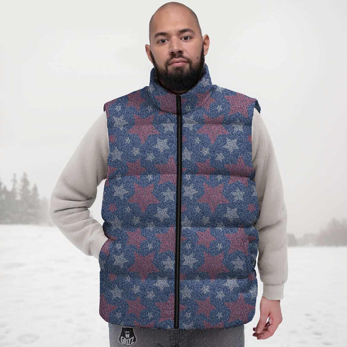 Jeans Star Denim Print Pattern Down Vest