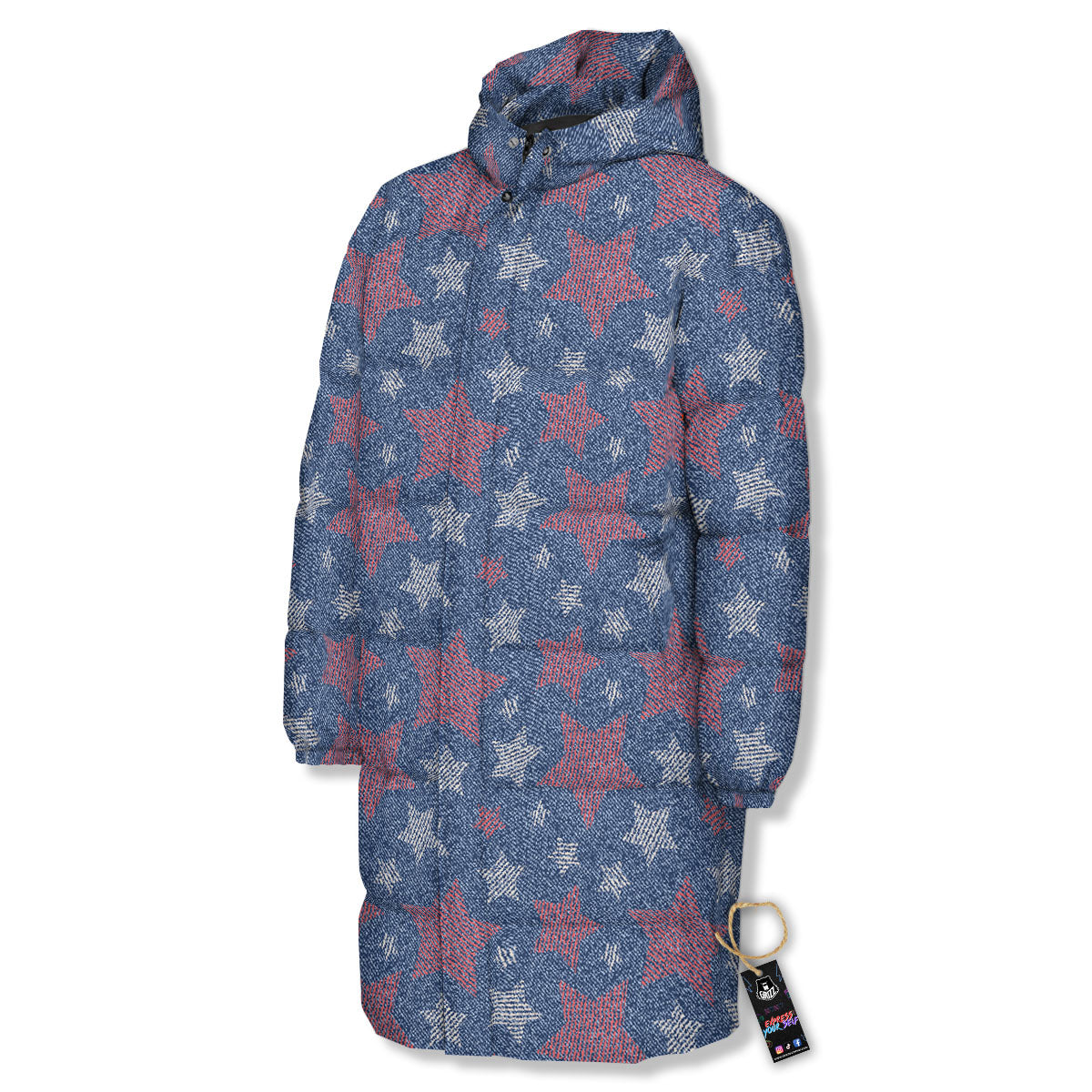 Jeans Star Denim Print Pattern Long Down Jacket-grizzshop