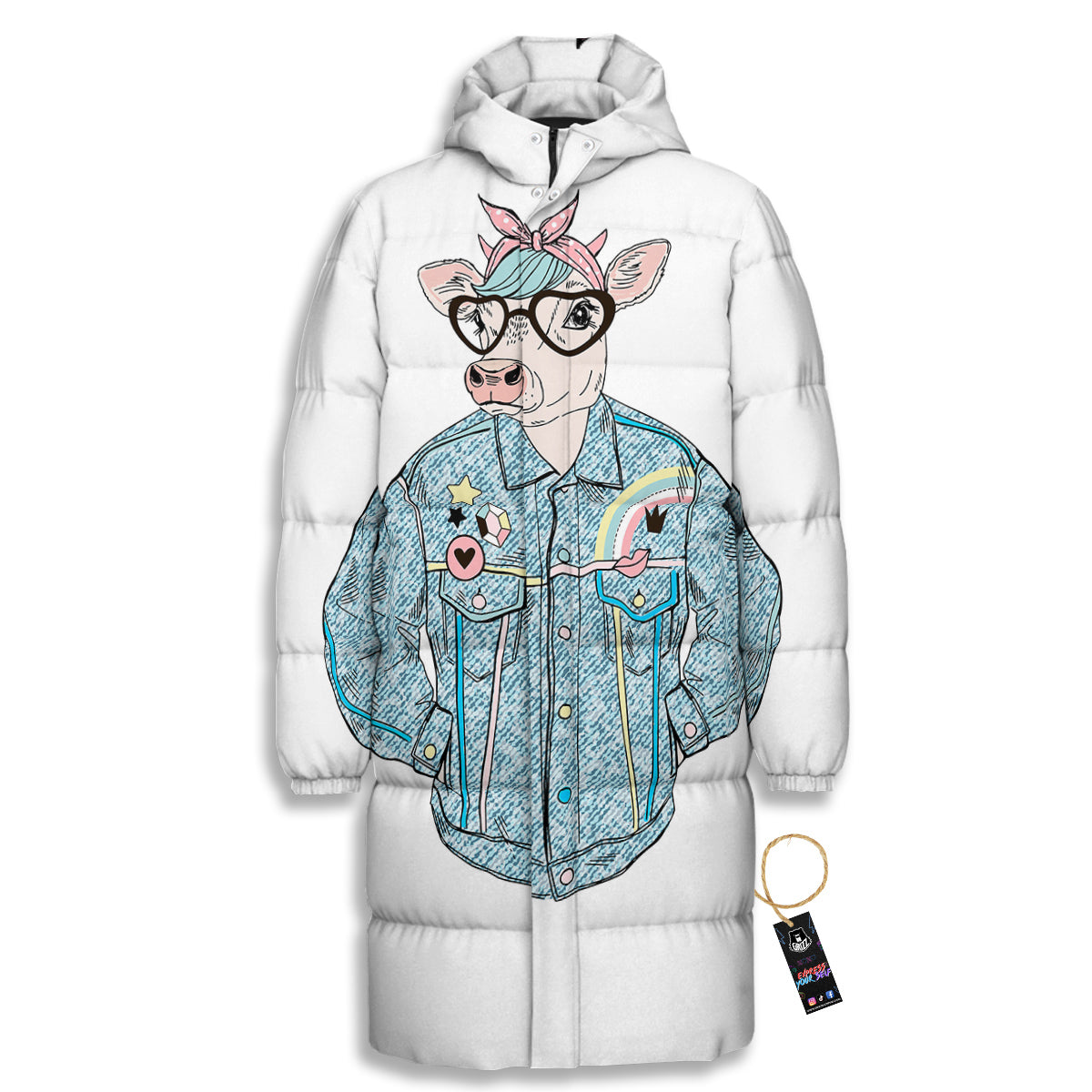 Jeans Cow Denim Print Long Down Jacket