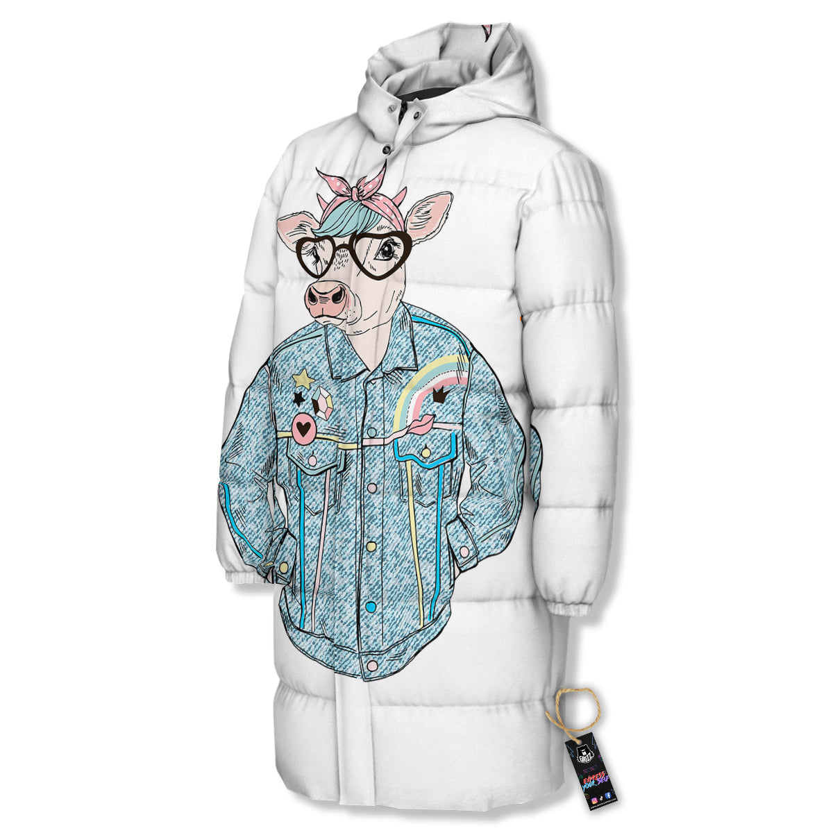 Jeans Cow Denim Print Long Down Jacket