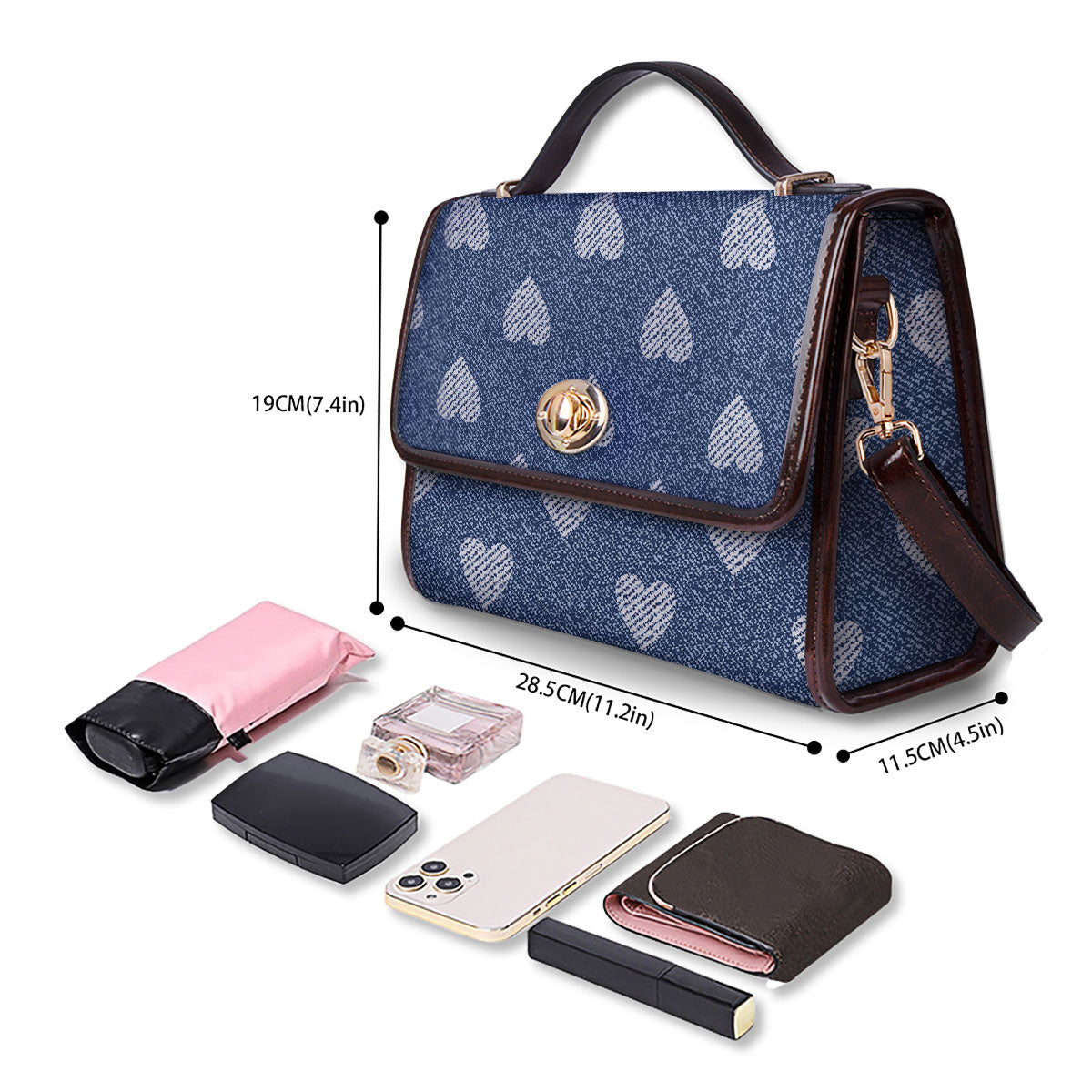 Jeans Heart Denim Print Pattern Women's Satchel Bag