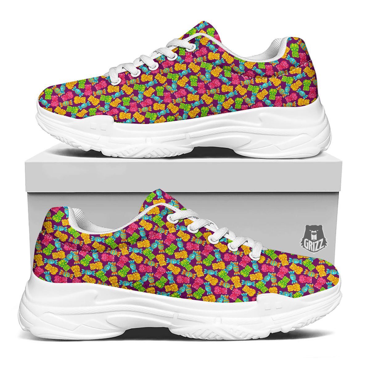Jelly And Colorful Candy Print White Chunky Shoes-grizzshop