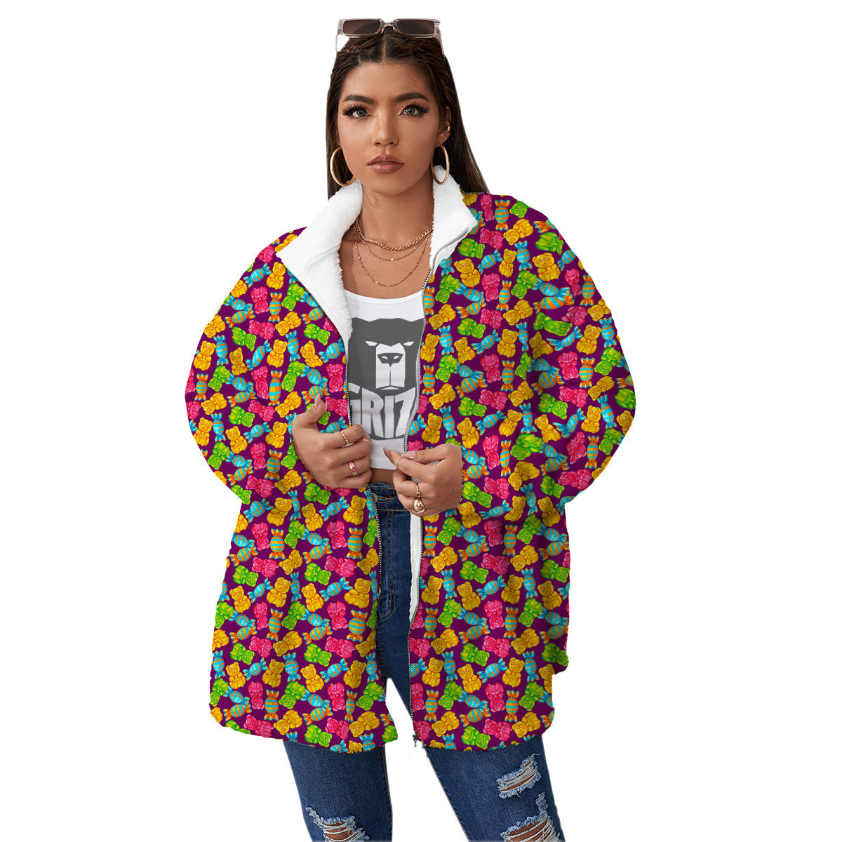 Jelly And Colorful Candy Print Women's Sherpa Jacket-grizzshop