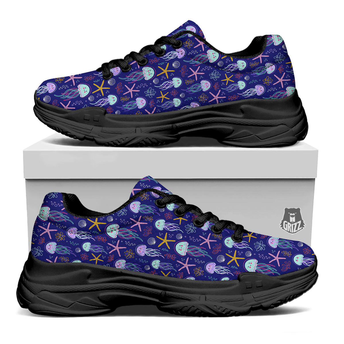 Jellyfish Cute Print Pattern Black Chunky Shoes-grizzshop