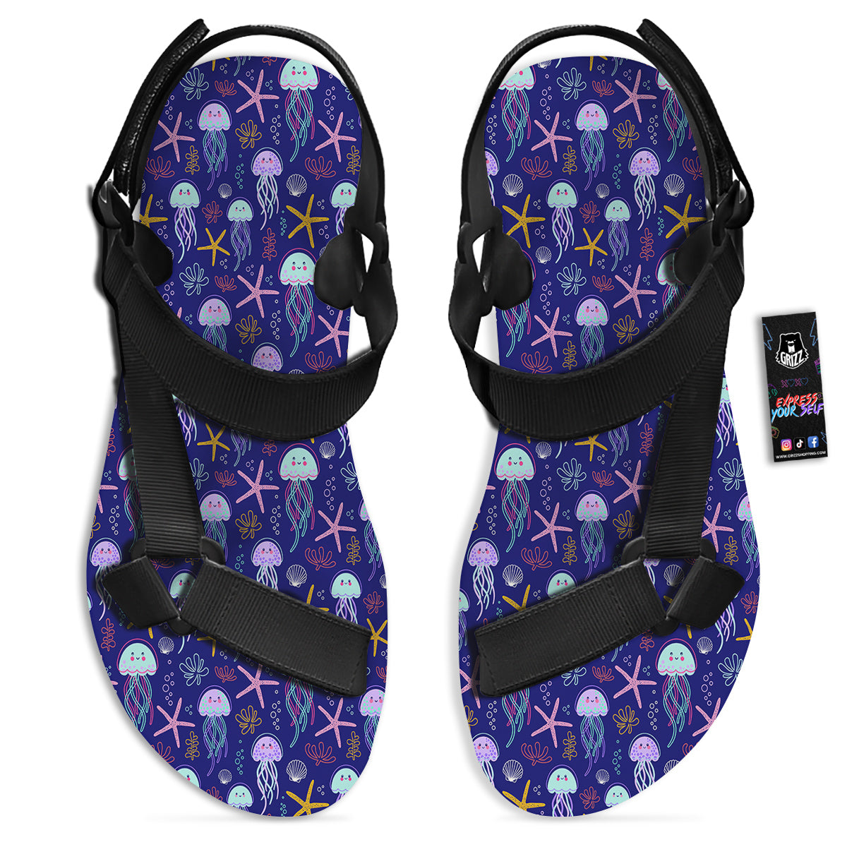 Jellyfish Cute Print Pattern Black Open Toe Sandals-grizzshop