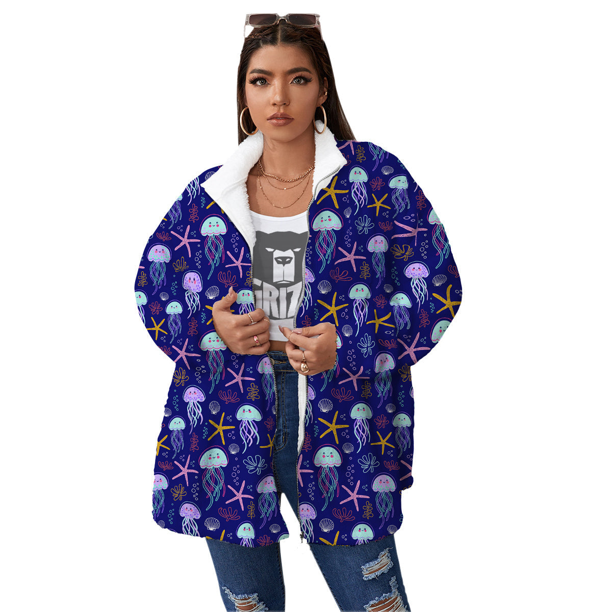 Jellyfish Cute Print Pattern Women's Sherpa Jacket-grizzshop