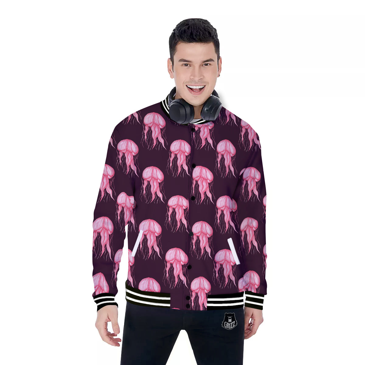 Jellyfish Watercolor Print Pattern Baseball Jacket-grizzshop