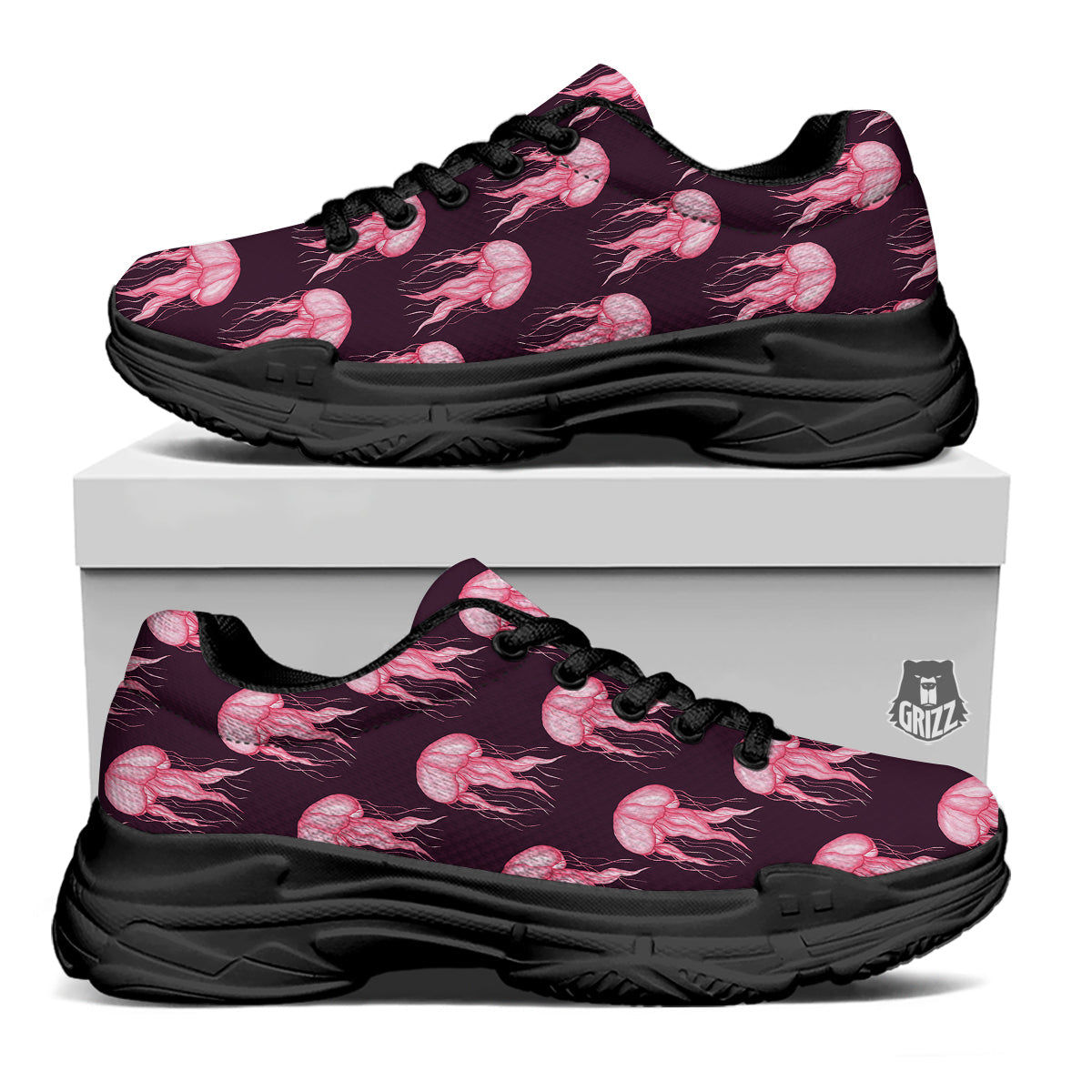 Jellyfish Watercolor Print Pattern Black Chunky Shoes-grizzshop