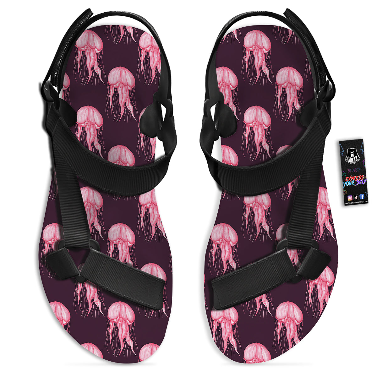 Jellyfish Watercolor Print Pattern Black Open Toe Sandals-grizzshop