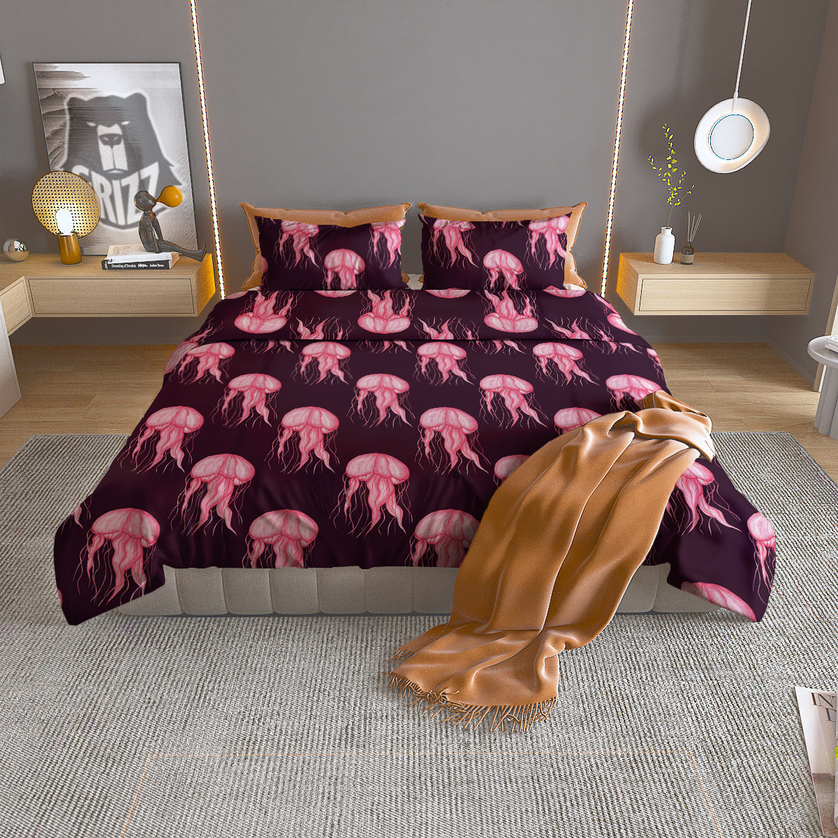 Jellyfish Watercolor Print Pattern Duvet Cover Bedding Set